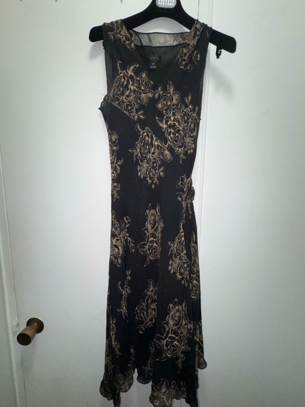 Vintage Y2K Lapis Silk faux wrap midi dress tan and gold floral print medium